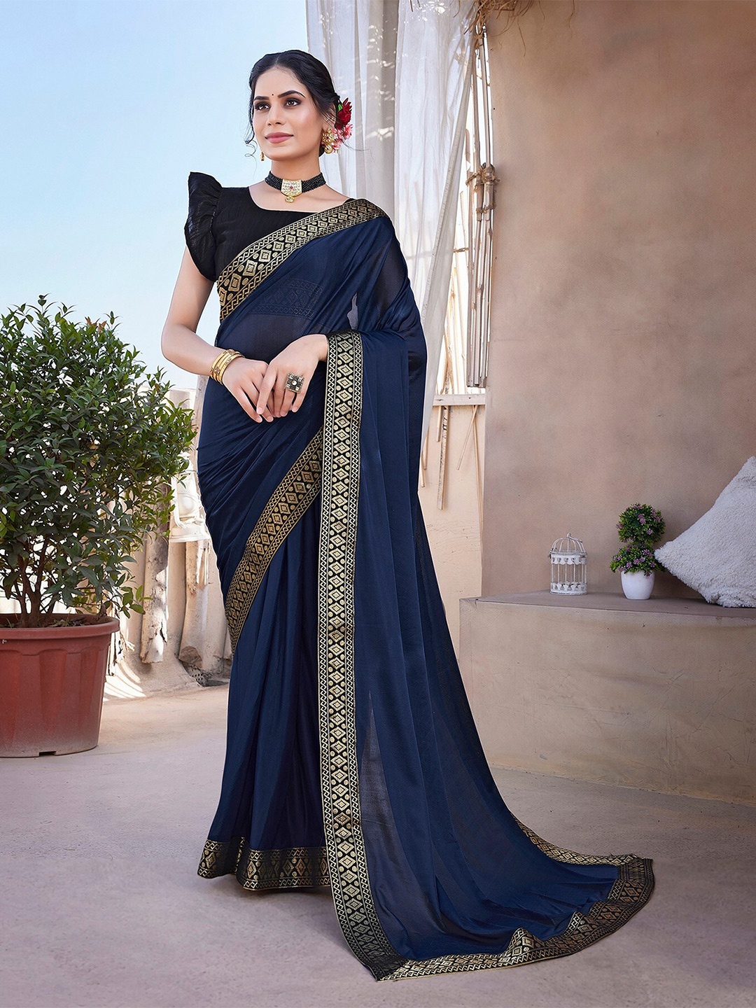 

KALINI Woven Design Zari Saree, Navy blue