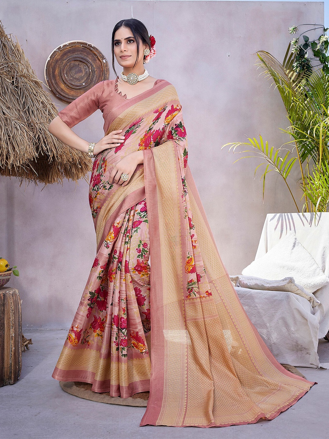 

KALINI Floral Printed Art Silk Saree, Peach