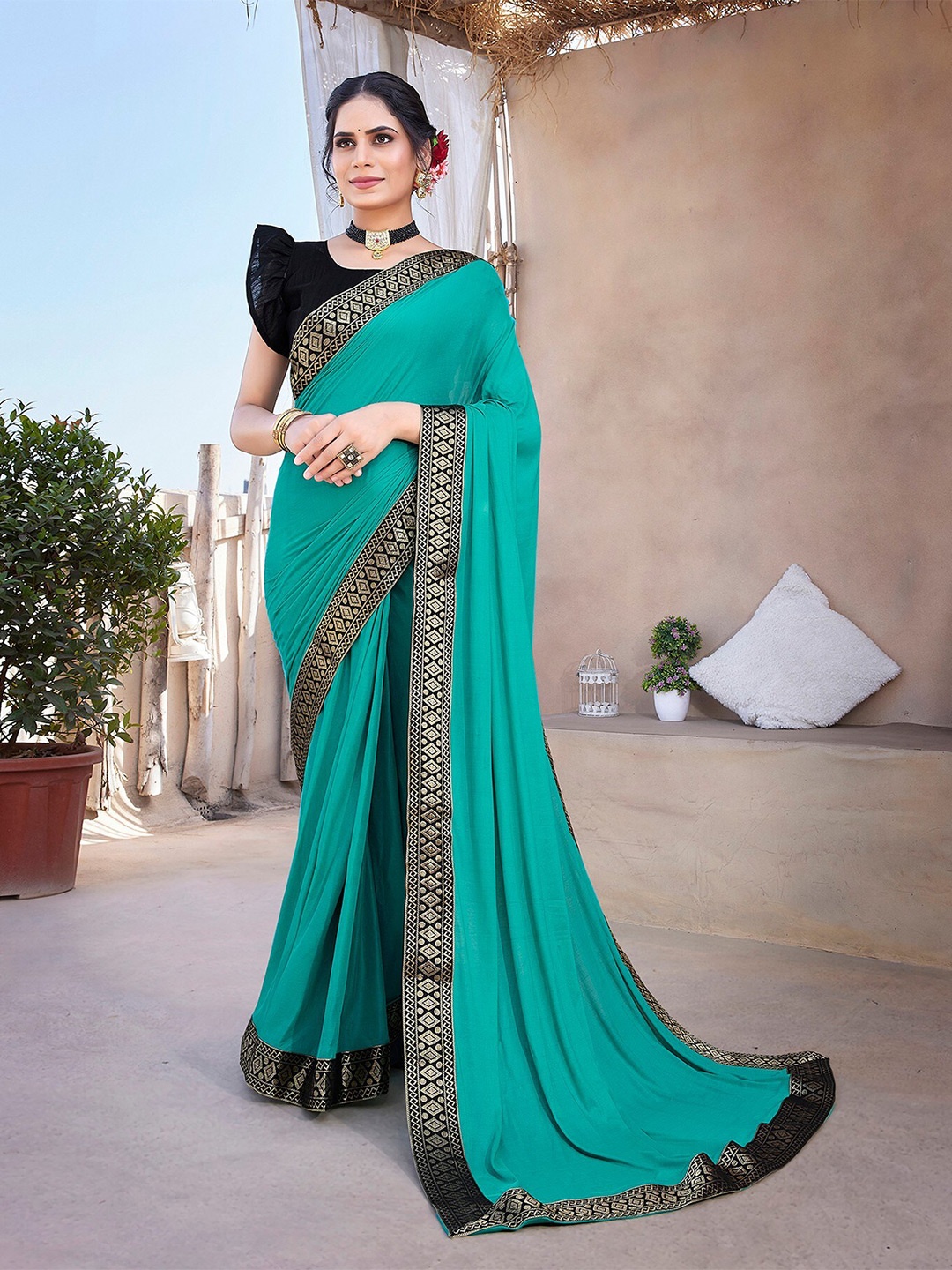 

KALINI Woven Design Border Zari Saree, Teal