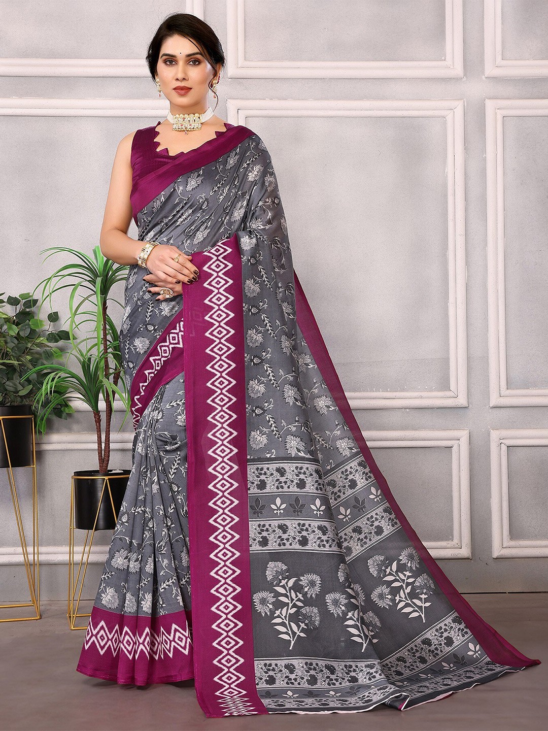 

KALINI Floral Printed Art Silk Saree, Purple