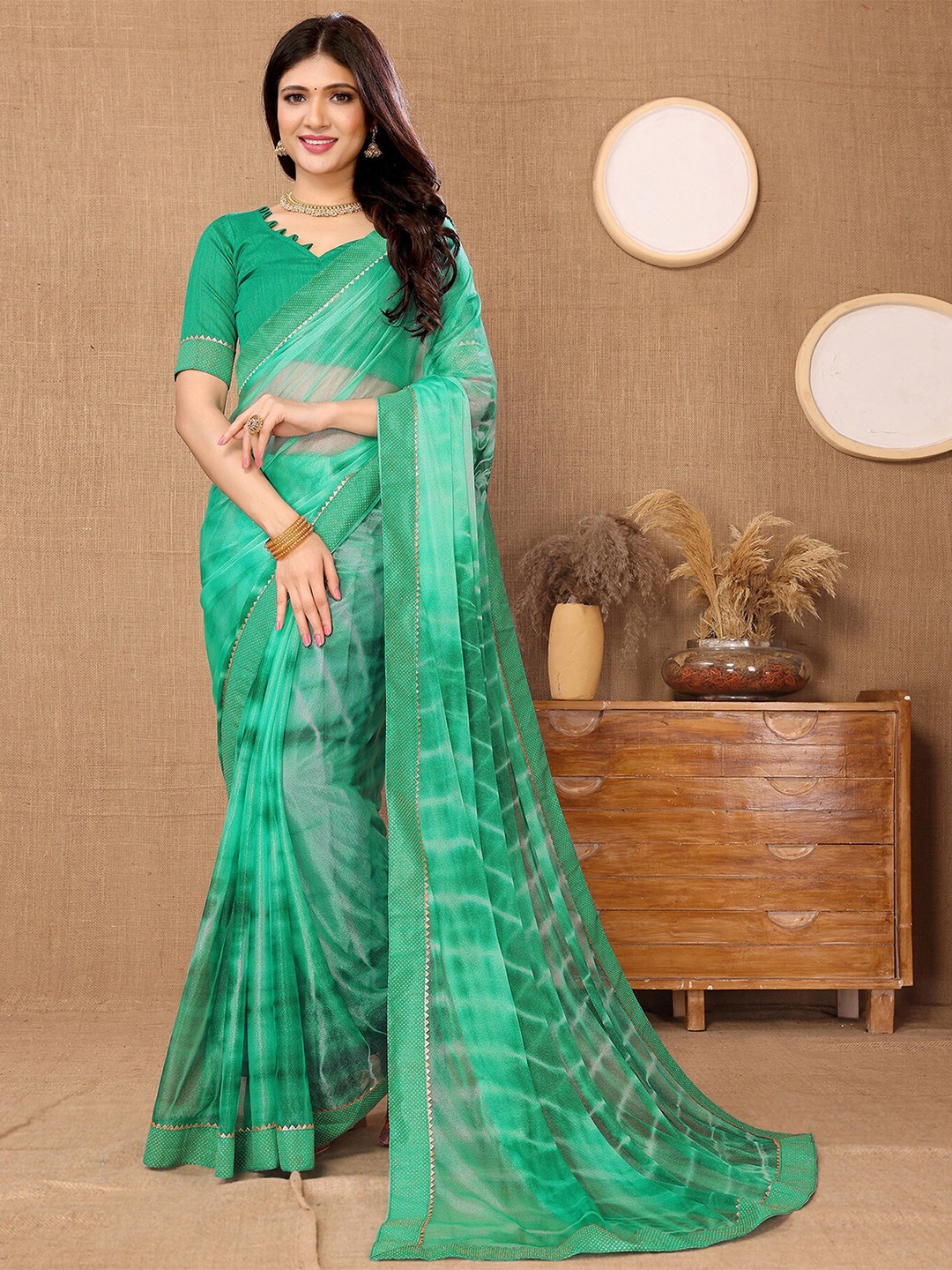 

KALINI Tie and Dye Gotta Patti Leheriya Saree, Green