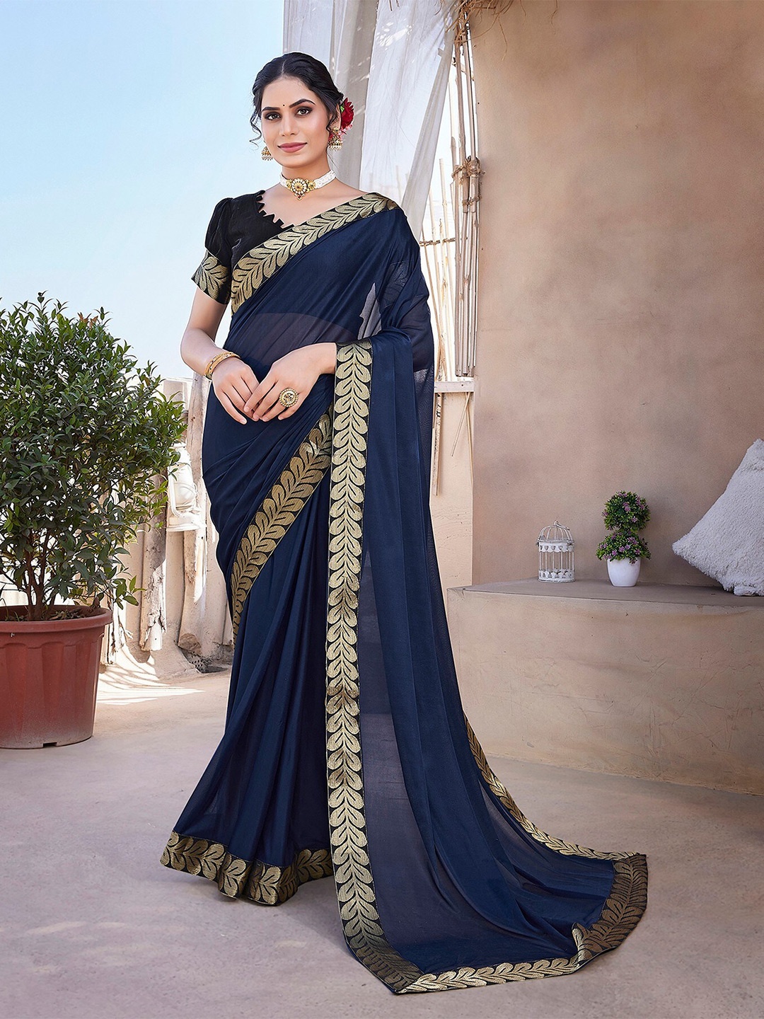 

KALINI Woven Design Border Saree, Navy blue