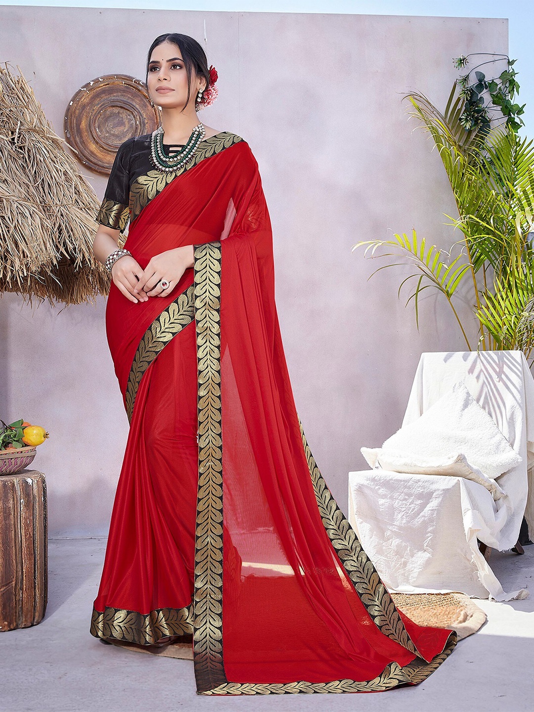 

KALINI Zari Woven Design Border Saree, Red