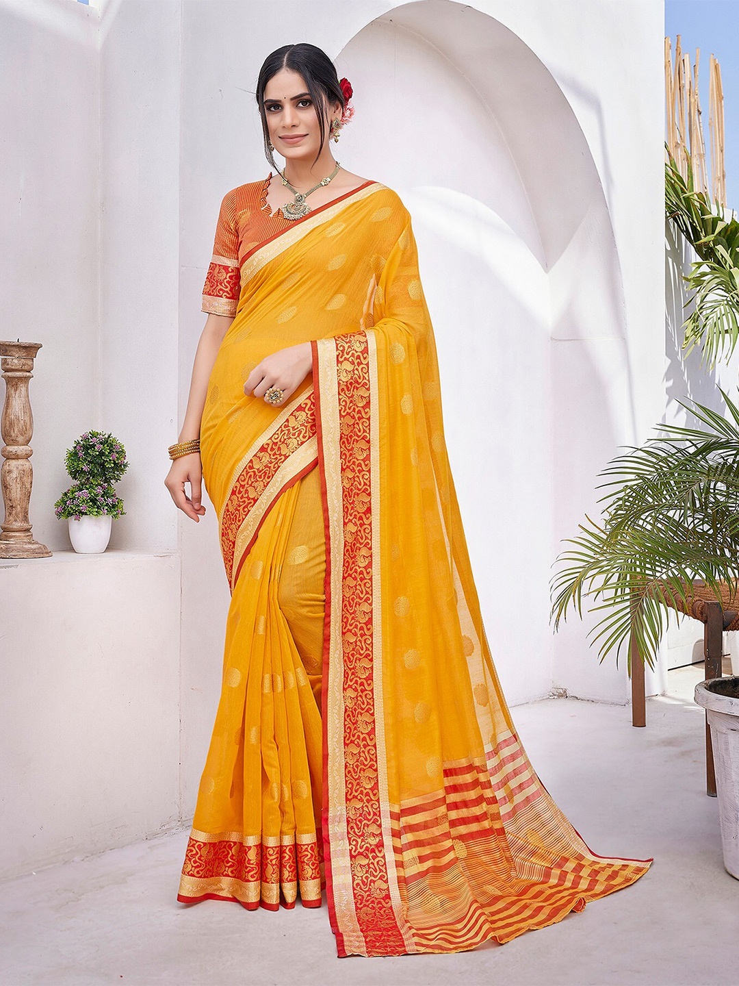 

KALINI Ethnic Woven Design Zari Leheriya Saree, Yellow