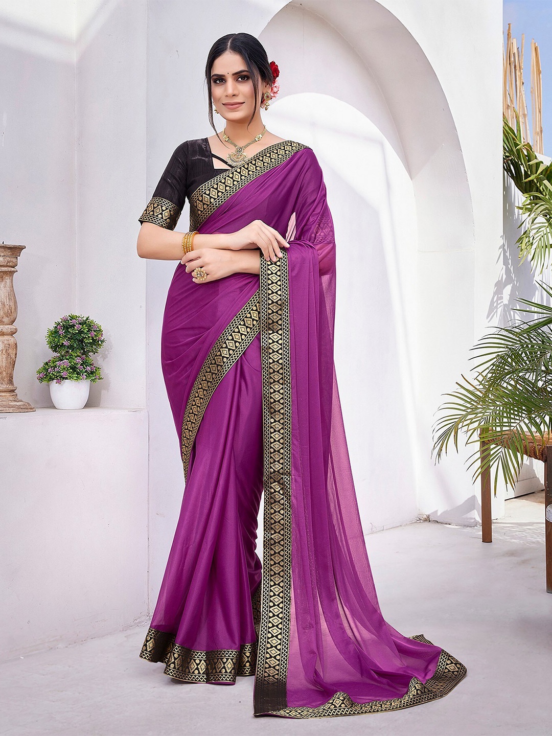 

KALINI Woven Design Border Saree, Purple