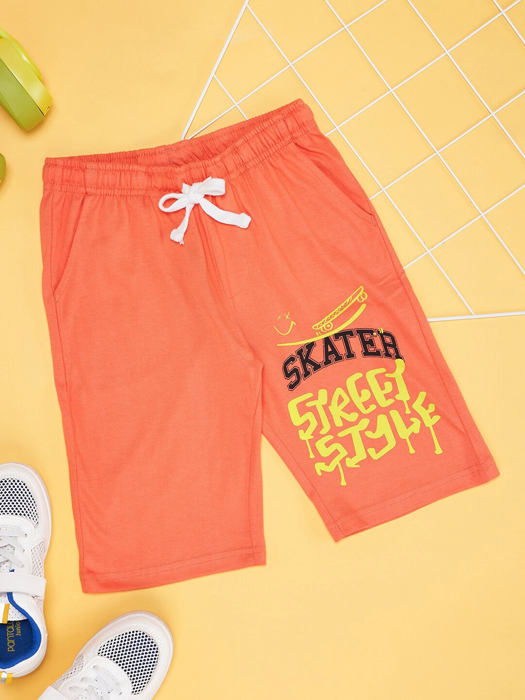 

Pantaloons Junior Boys Typography Printed Cotton Shorts, Peach
