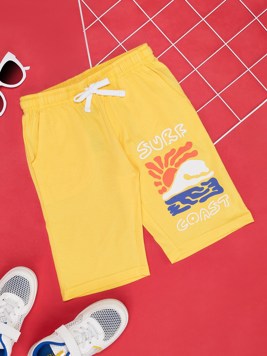 

Pantaloons Junior Boys Graphic Printed High-Rise Cotton Regular Shorts, Yellow