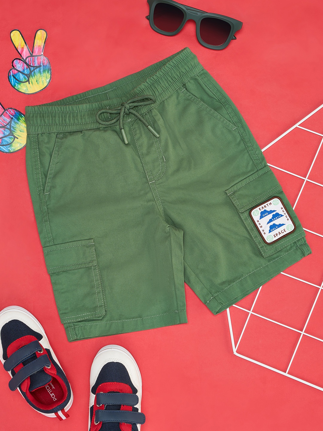 Pantaloons Junior Boys Mid-Rise Pure Cotton Cargo Shorts, Olive