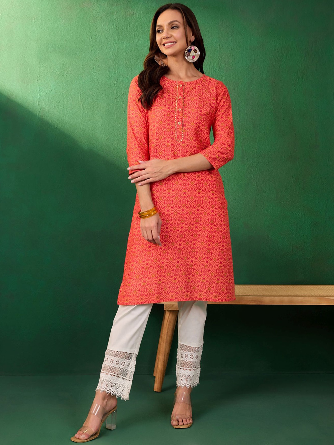 

Sangria Ethnic Motifs Printed Pure Cotton Round Neck Straight Kurta, Orange