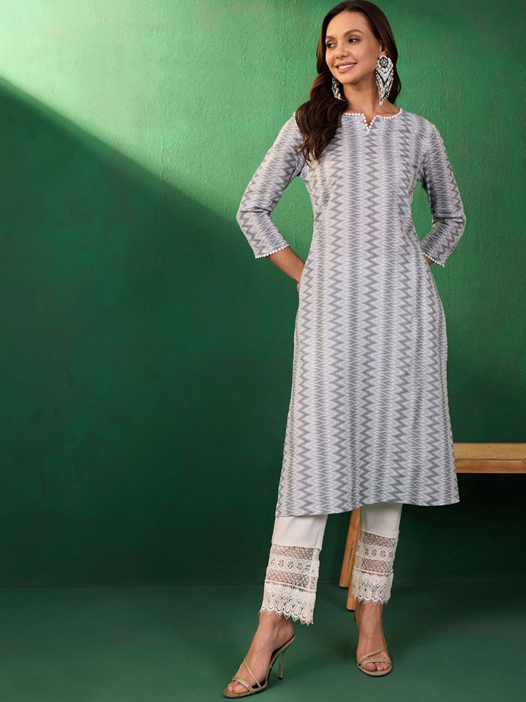 

Sangria Chevron Printed Pure Cotton Round Neck Straight Kurta, Grey