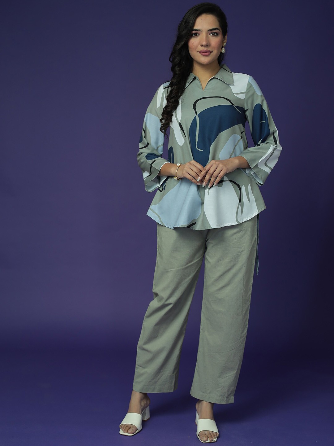 

ZARI Printed Pure Cotton Shirt-Collar Top With Trouser Co-Ords, Green