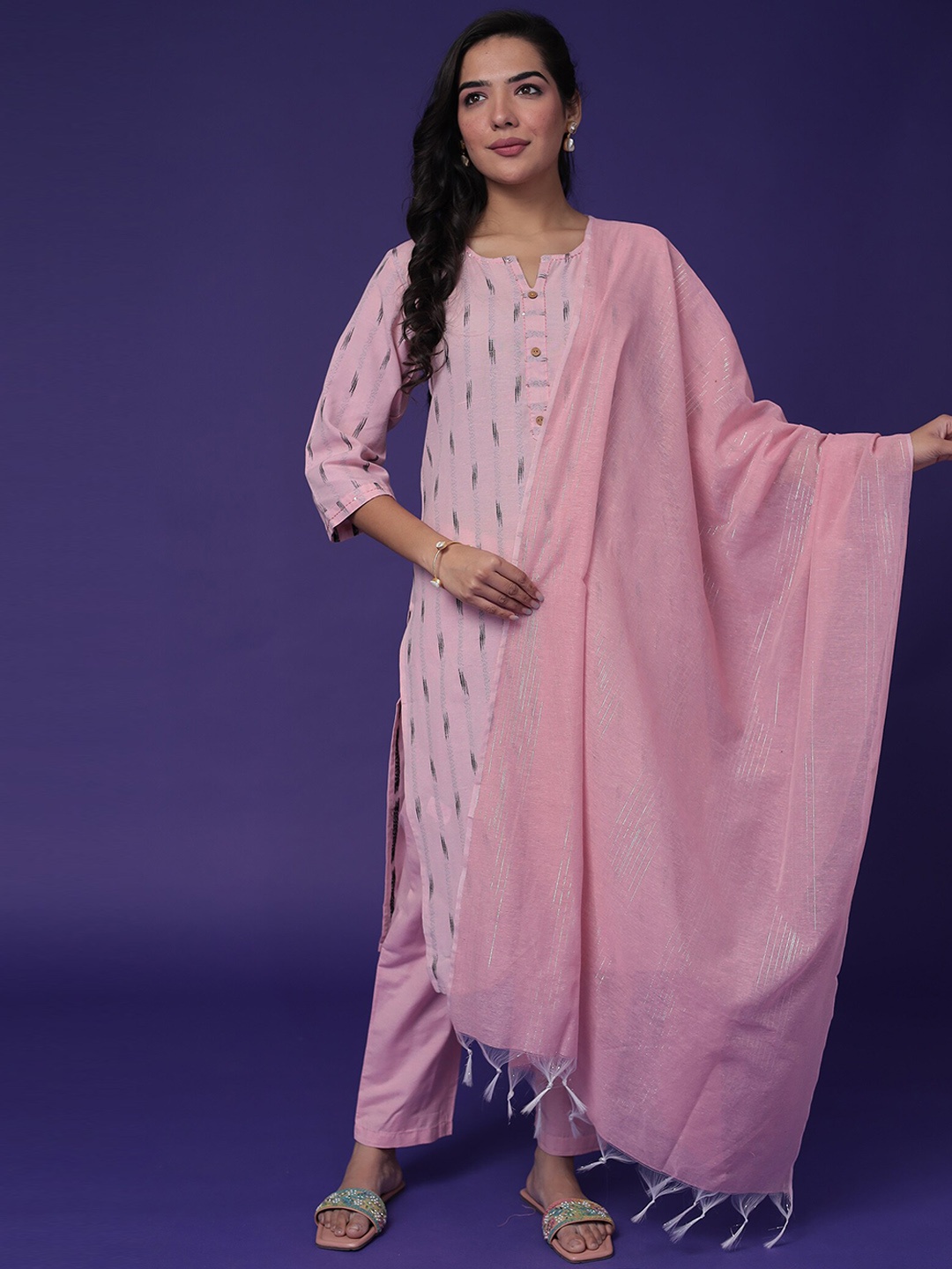 

ZARI Striped Woven Design Sequinned Straight Kurta With Trousers & Dupatta, Pink