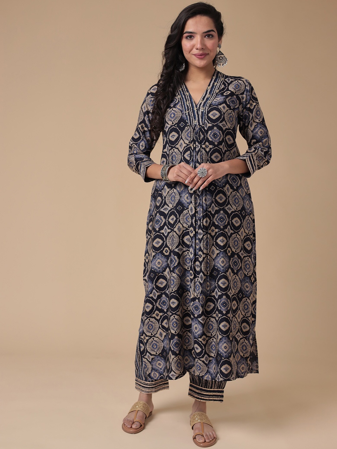 

ZARI Ethnic Motifs Printed Pleated Mirror Work A-Line Pure Cotton Kurta With Trouser, Blue