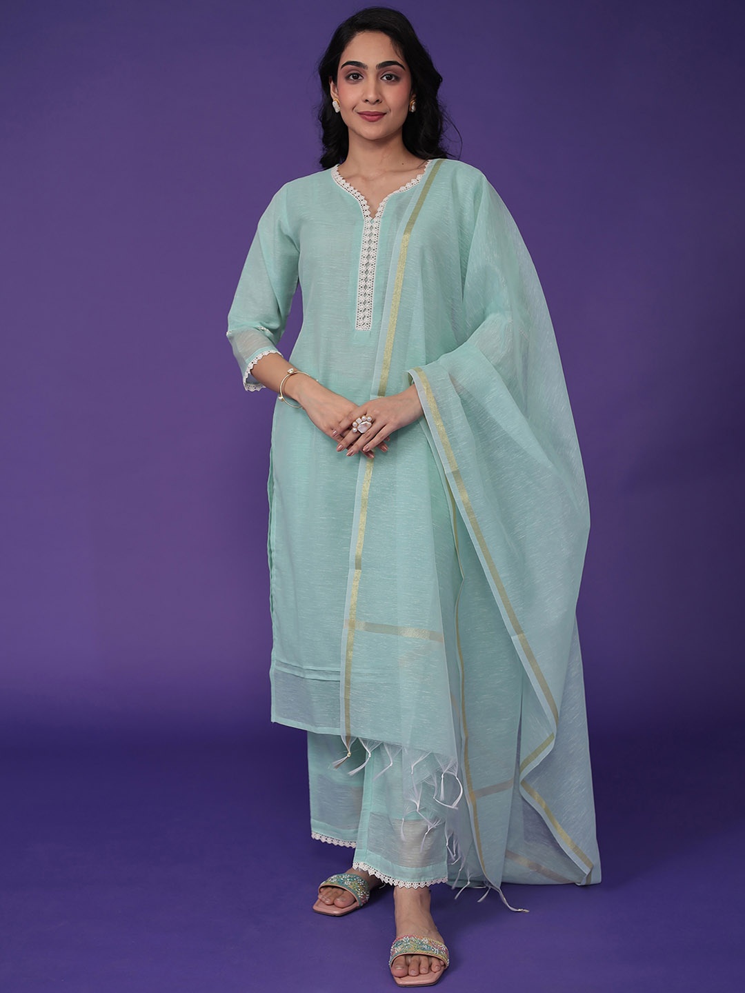 

ZARI Chanderi Silk Straight Kurta With Trousers & Dupatta, Green