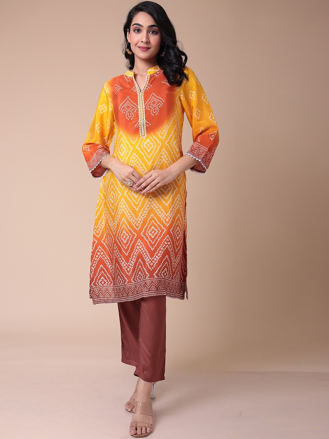 

ZARI Bandhani Printed Mandarin Collar Straight Kurta With Trouser, Yellow