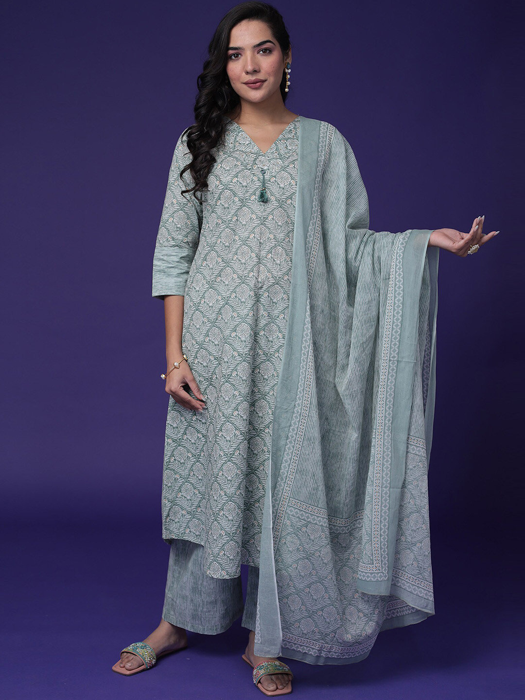 

ZARI Floral Printed Pure Cotton A-Line Kurta With Palazzos & Dupatta, Green