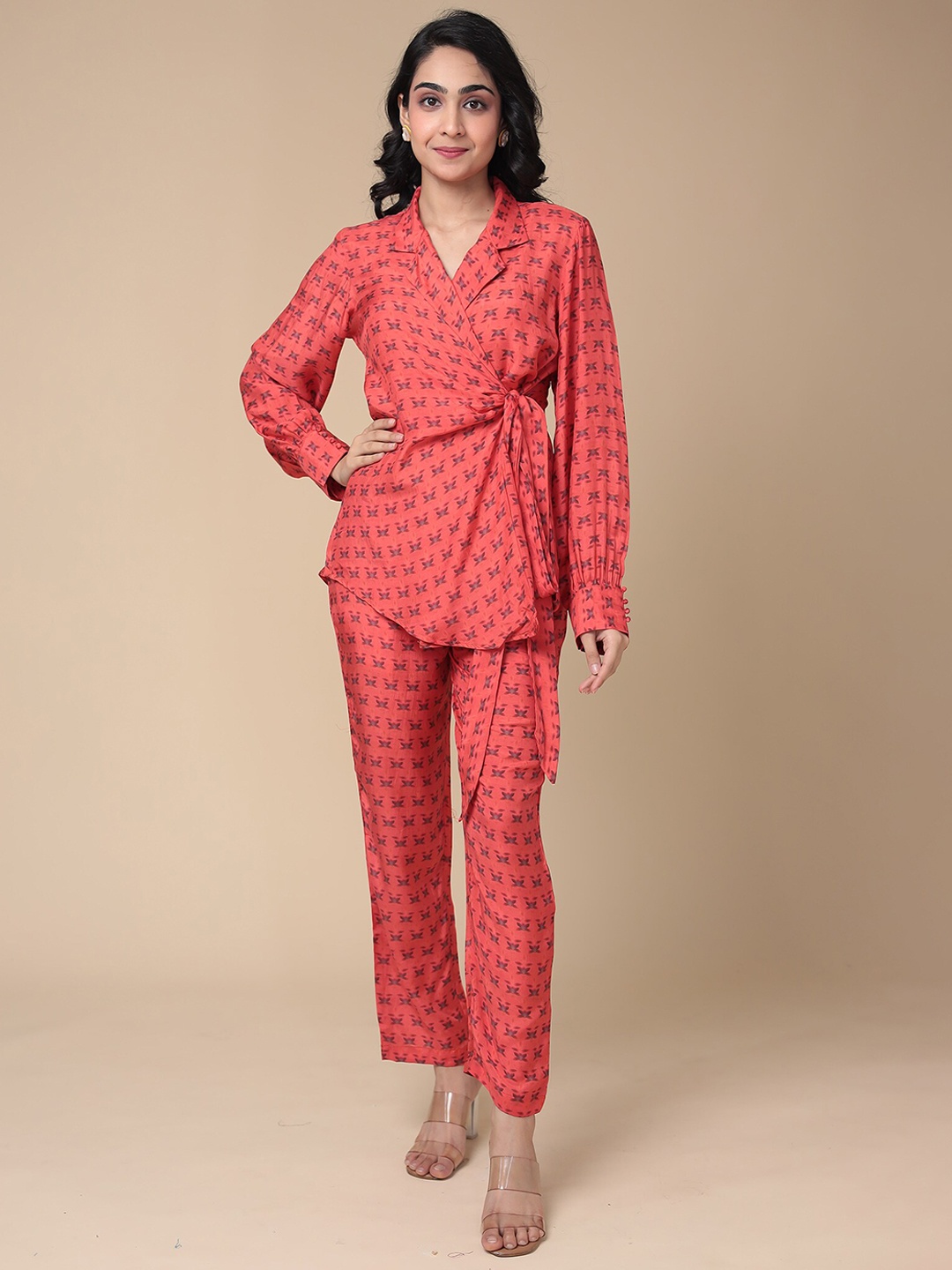 

ZARI Printed Notched Lapel Collar Top With Trouser Co-Ords, Peach