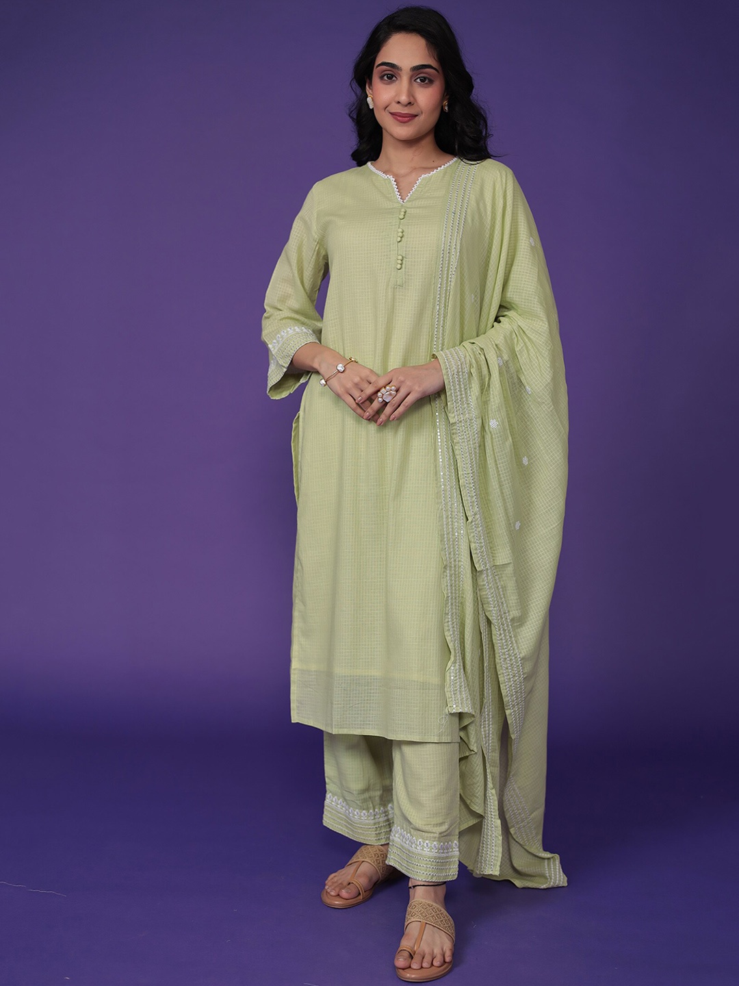 

ZARI Checked V-Neck Sequinned Straight Kurta With Trousers & Dupatta, Green