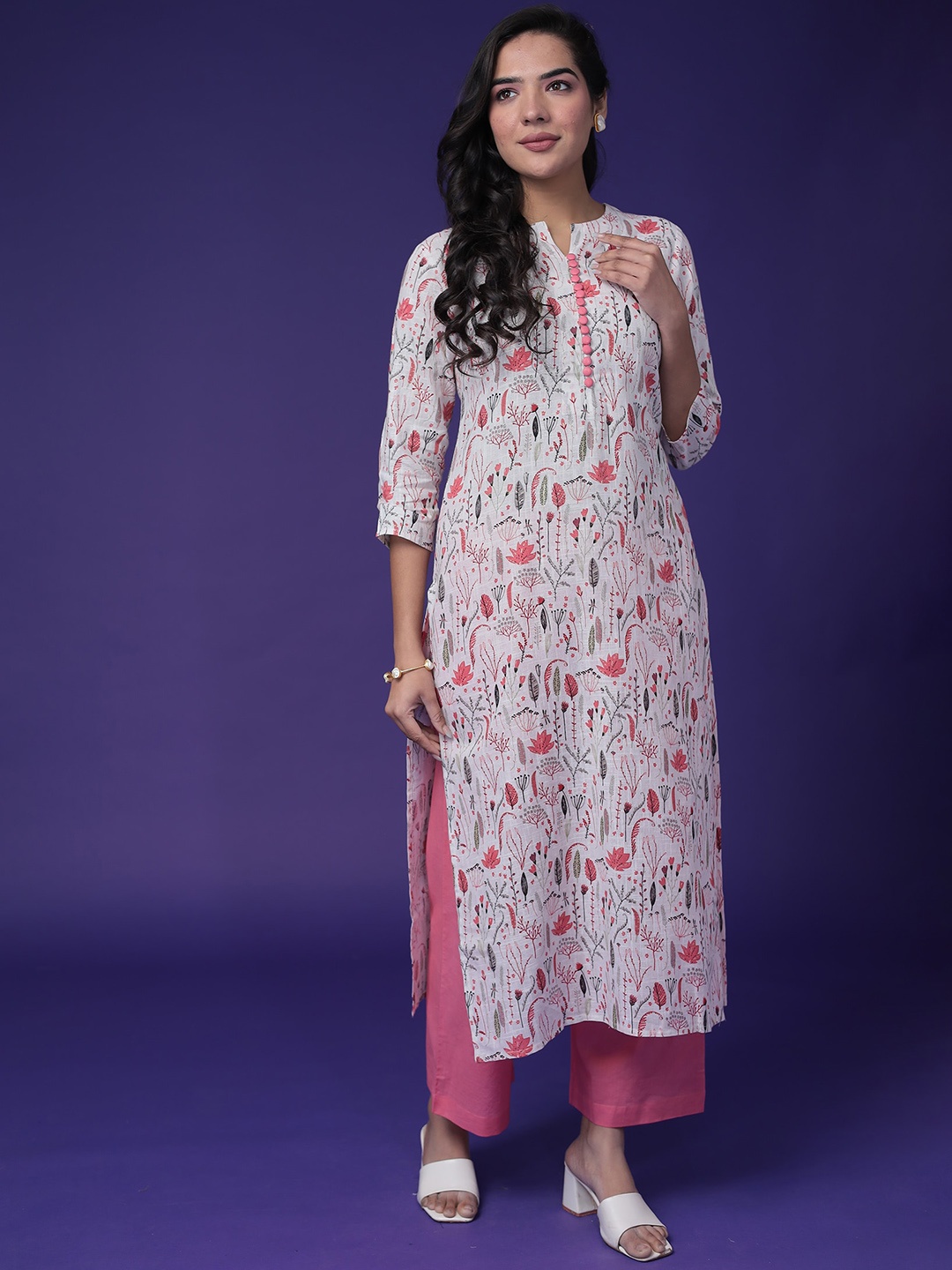 

ZARI Floral Printed Mandarin Collar Straight Pure Cotton Kurta With Trouser, White