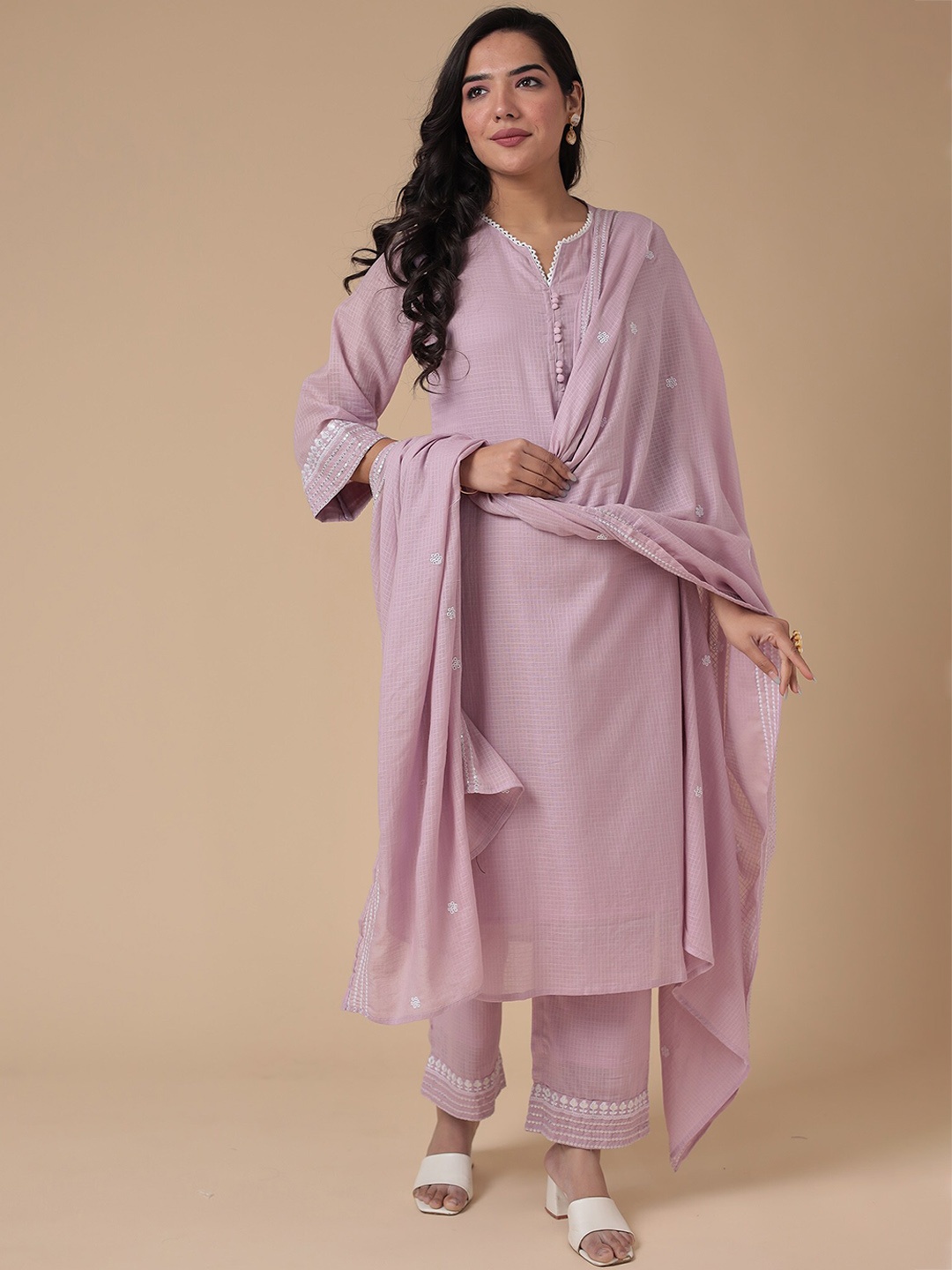

ZARI Checked V-Neck Sequinned Straight Kurta With Trousers & Dupatta, Purple