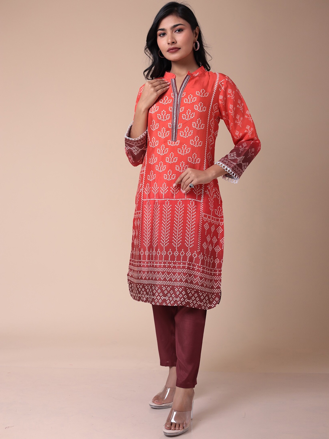 

ZARI Bandhani Printed Mandarin Collar A-Line Kurta With Trouser, Orange