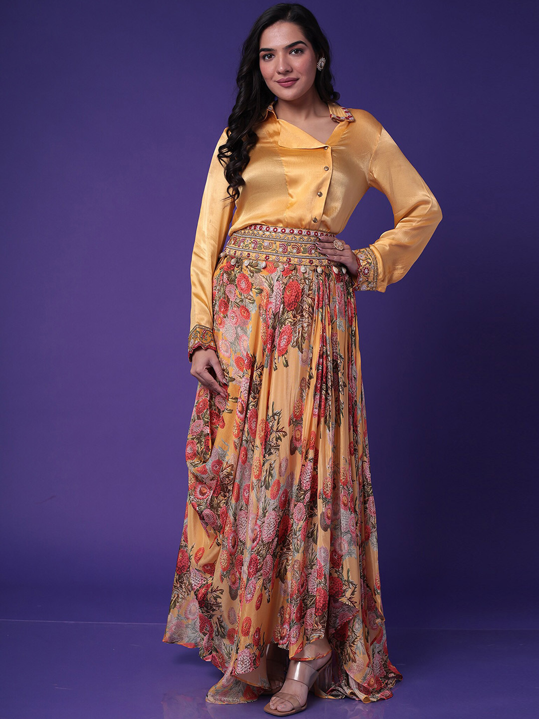 

ZARI Shirt-Collar Shirt With Printed Skirt Co-Ords, Yellow