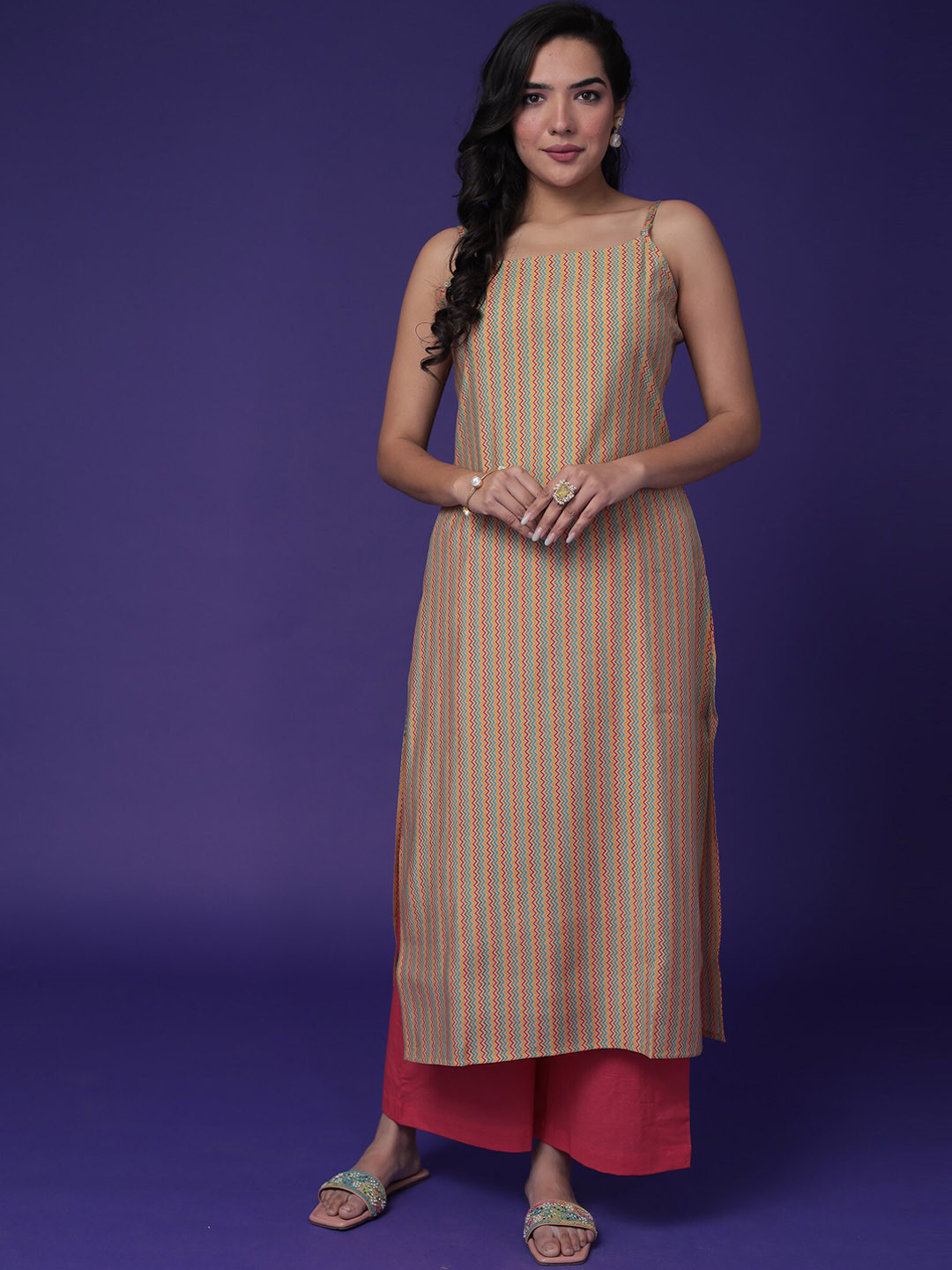 

ZARI Striped Shoulder Straps Sleeveless Straight Kurta With Trousers, Cream