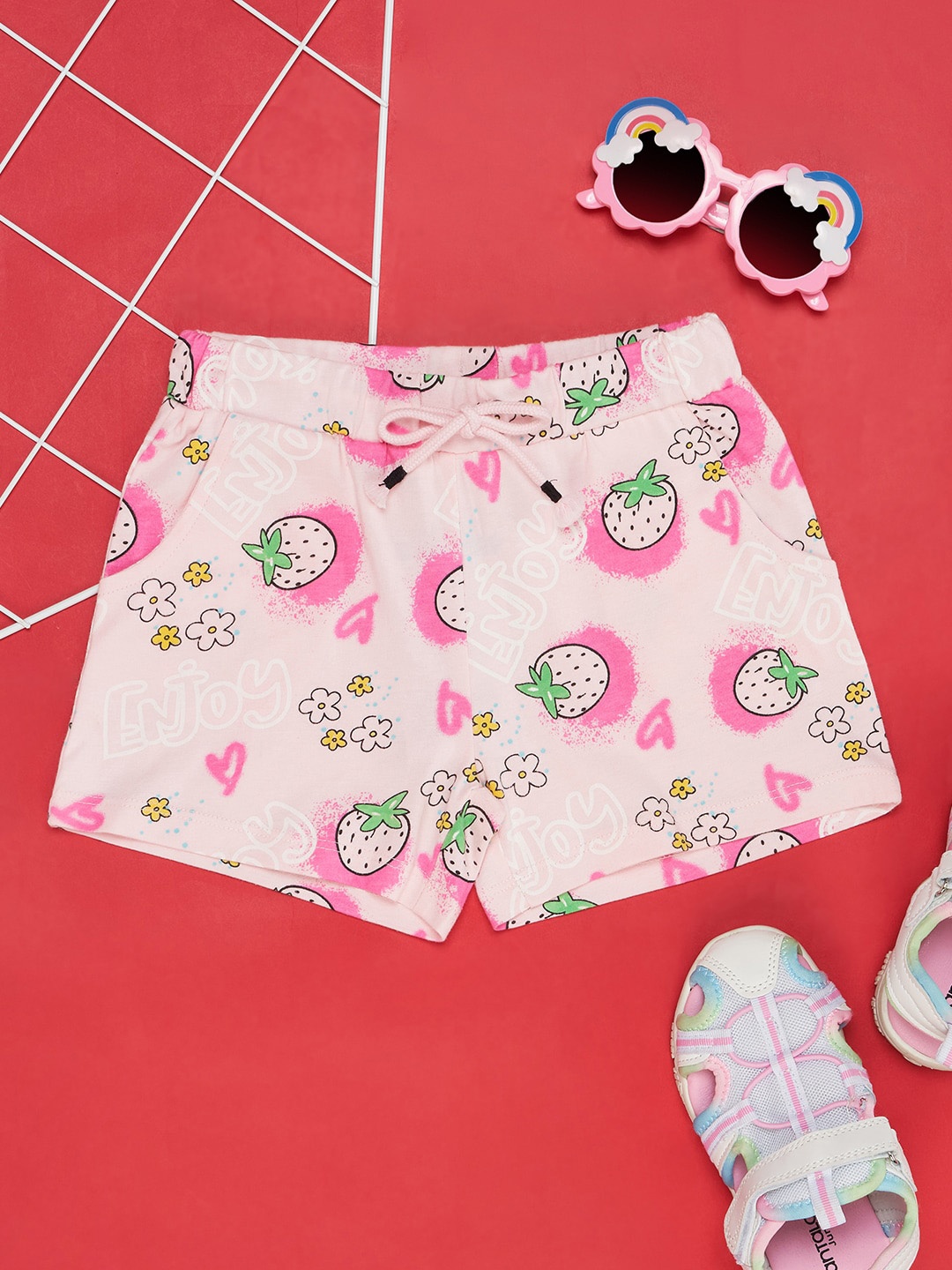 

Pantaloons Junior Girls Conversational Printed Pure Cotton Shorts, Pink