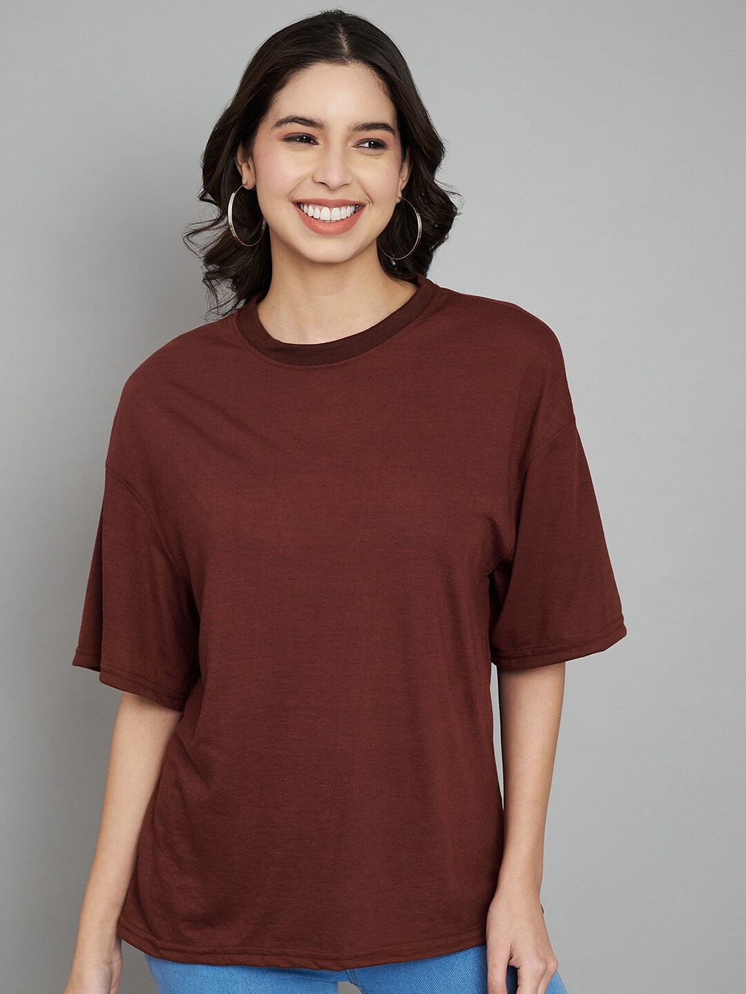 

Trend Level Round Neck Drop-Shoulder Sleeves Pure Cotton T-shirt, Brown