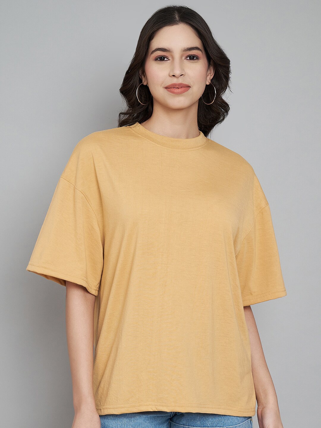 

Trend Level Round Neck Drop-Shoulder Sleeves Cotton Oversized T-shirt, Beige