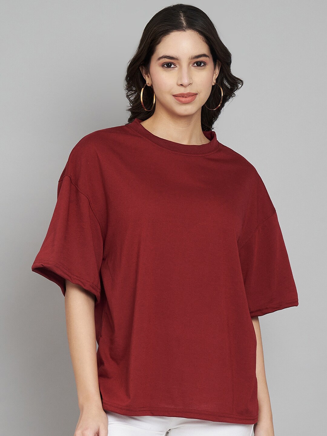 

Trend Level Round Neck Drop-Shoulder Sleeves Regular Fit cotton T-shirt, Maroon