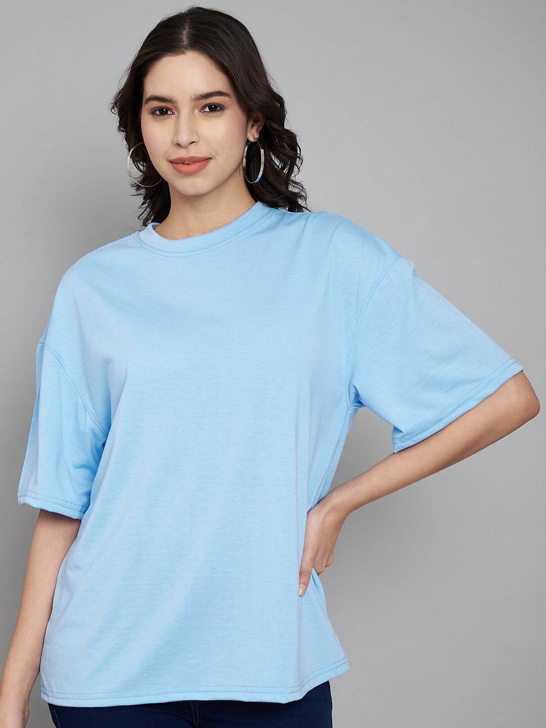 

Trend Level Drop Shoulder Sleeves Pure Cotton Casual T-shirt, Turquoise blue