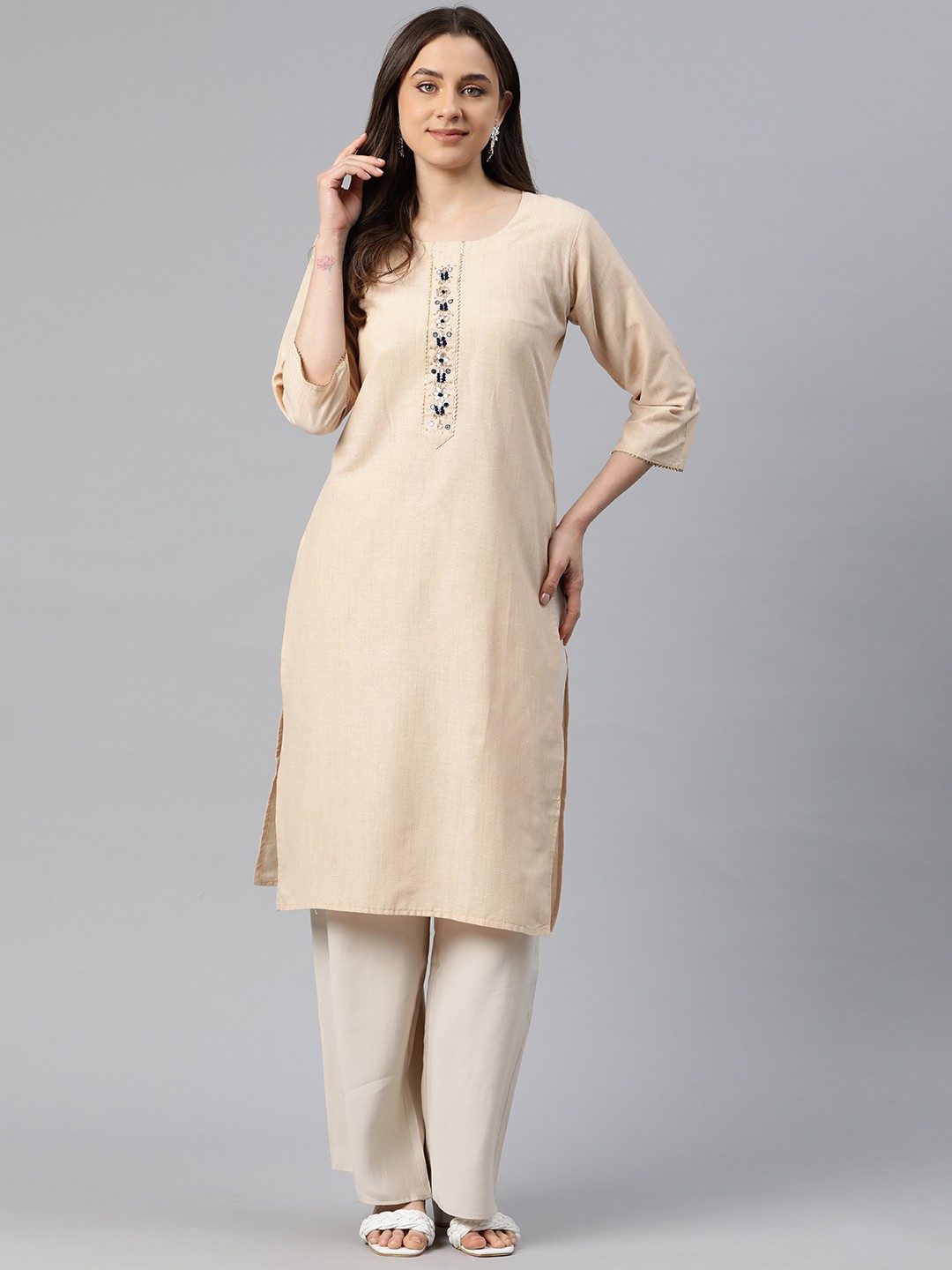 

One Femme Yoke Design Mirror Work Pure Cotton Kurta, Beige