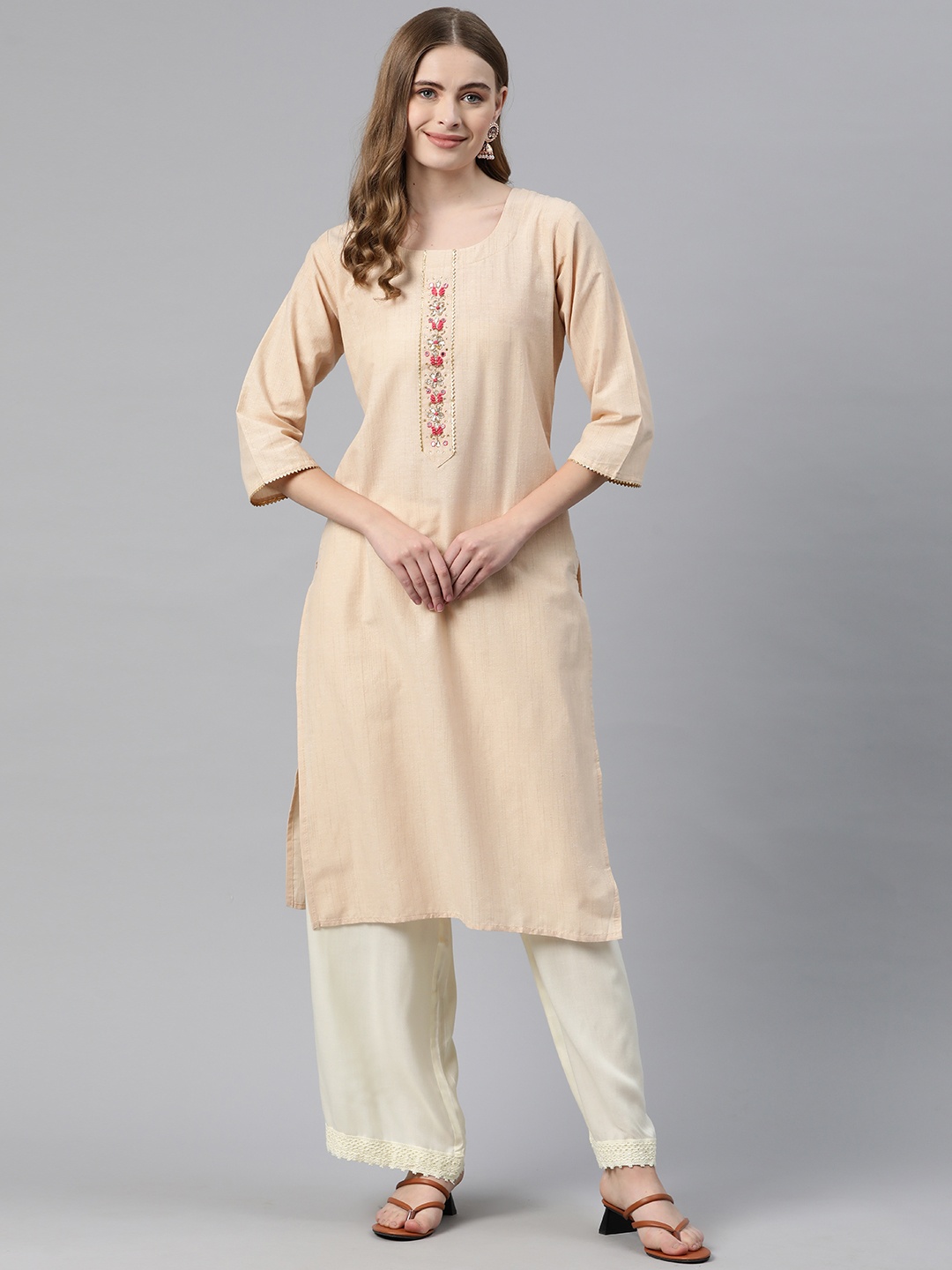 One Femme Yoke Design Mirror Work Pure Cotton Kurta, Beige