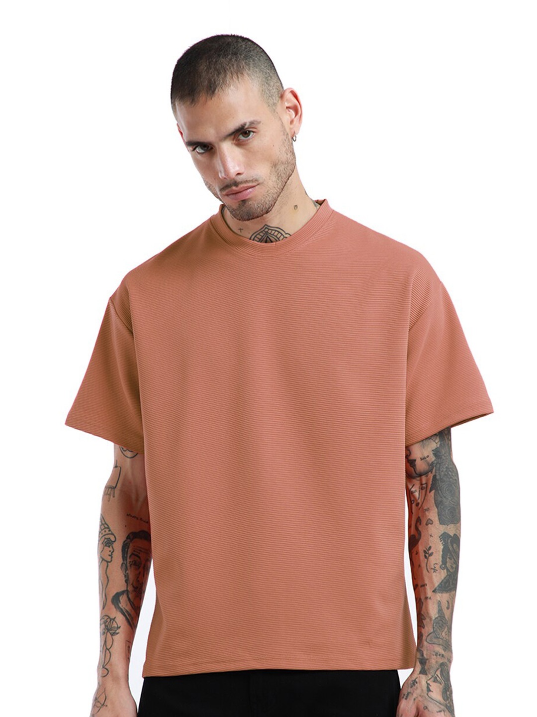 

Banana Club Round Neck Drop Shoulder Sleeves Cotton Oversized T-shirt, Orange