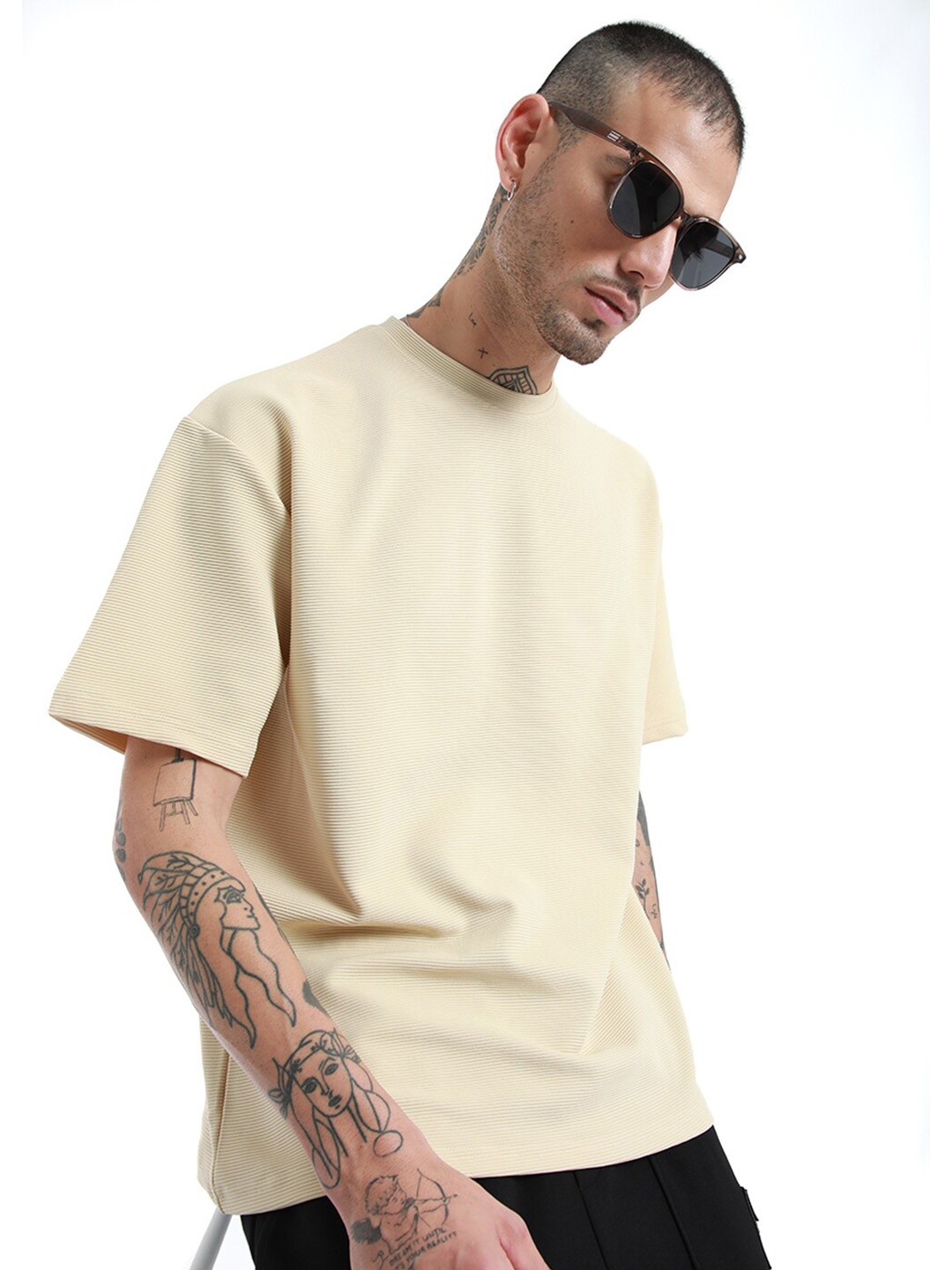 

Banana Club Round Neck Drop Shoulder Sleeves Cotton Oversized T-shirt, Cream