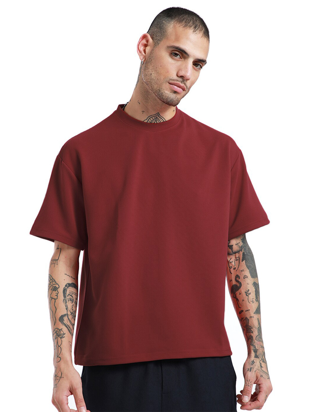 

Banana Club Round Neck Drop Shoulder Sleeves Cotton Oversized T-shirt, Red