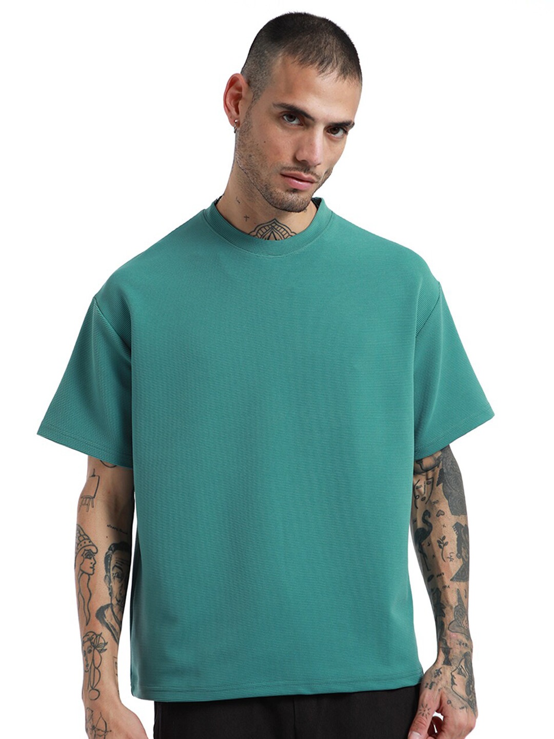 

Banana Club Round Neck Drop Shoulder Sleeves Cotton Oversized T-shirt, Green