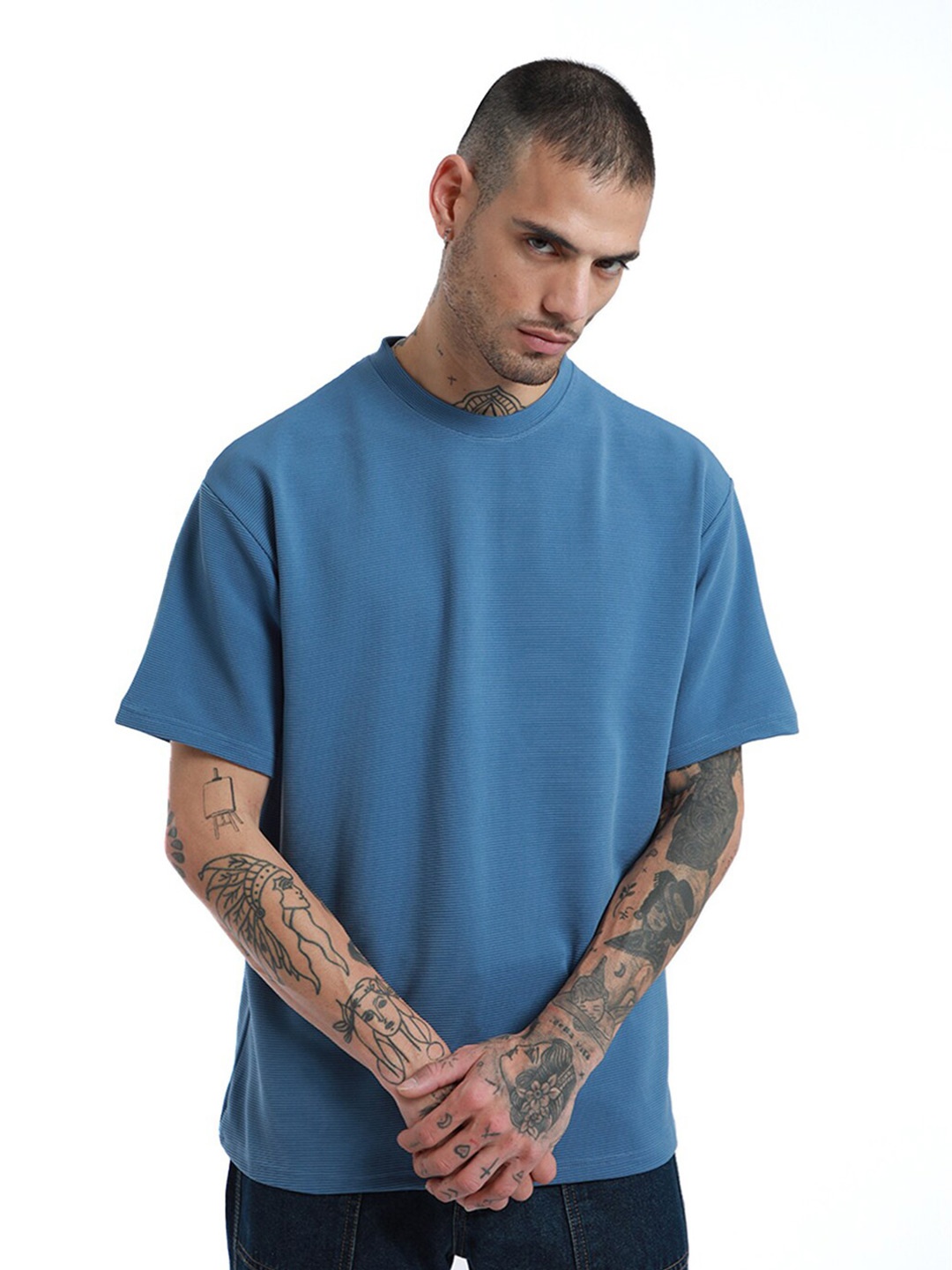 

Banana Club Round Neck Drop Shoulder Sleeves Cotton Oversized T-shirt, Blue