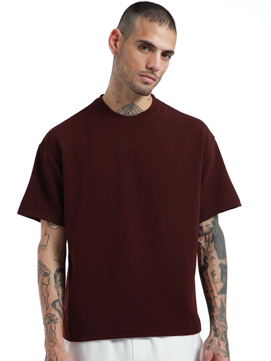 

Banana Club Round Neck Drop Shoulder Sleeves Cotton Oversized T-shirt, Maroon
