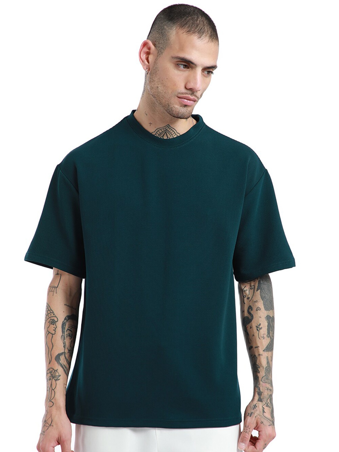 

Banana Club Round Neck Drop Shoulder Sleeves Cotton Oversized T-shirt, Green