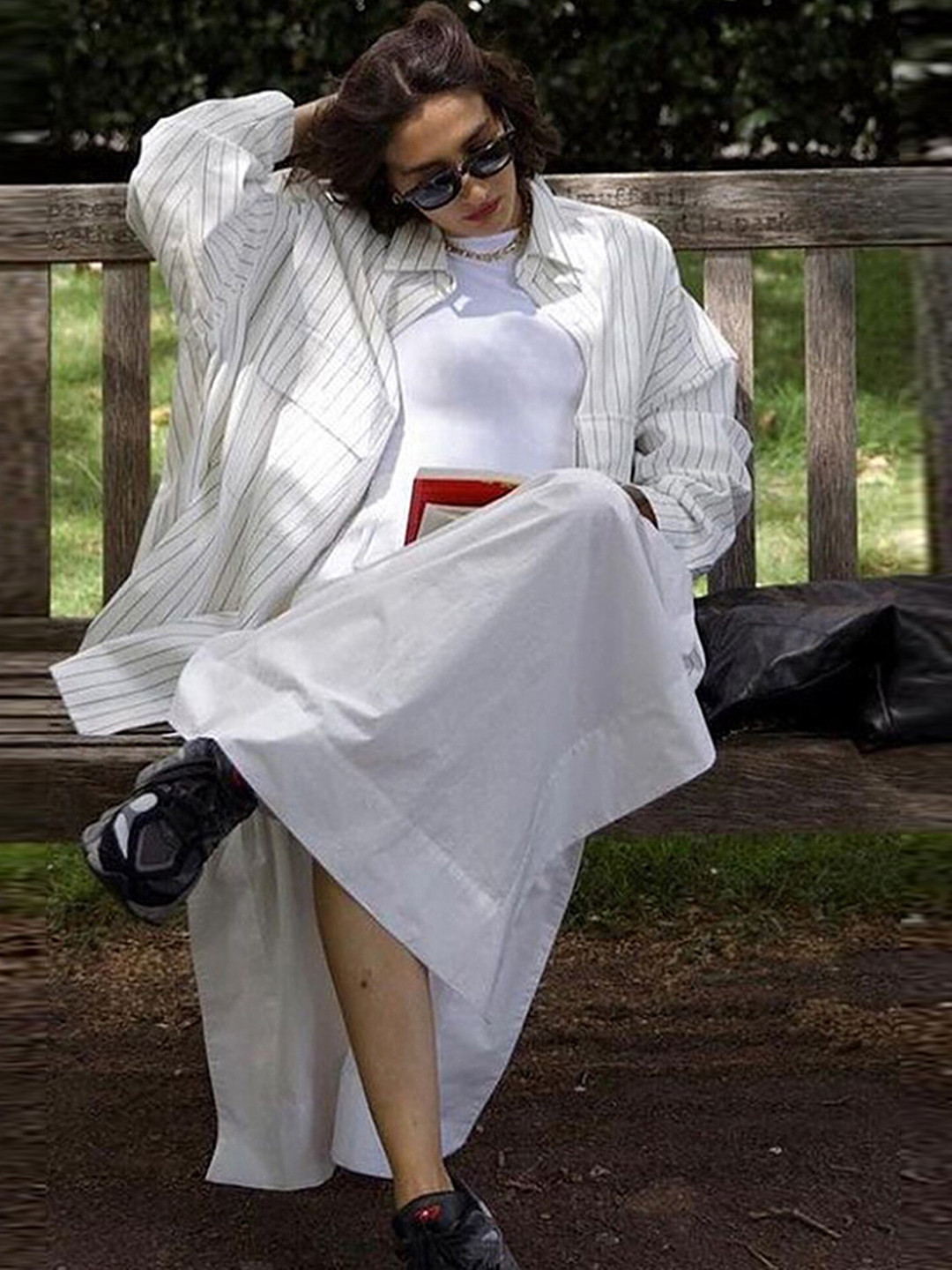 

LULU & SKY Vertical Striped Drop-Shoulder Sleeves Longline Oversized Casual Shirt, White