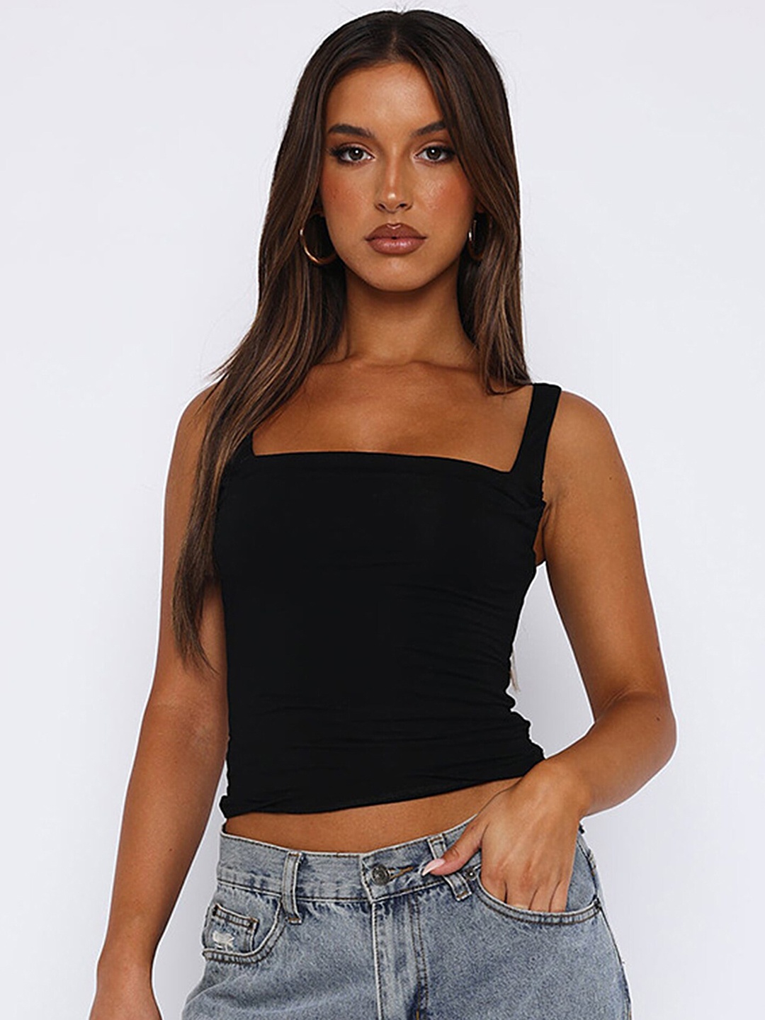 

LULU & SKY Black Fitted Square Neck Tank Top