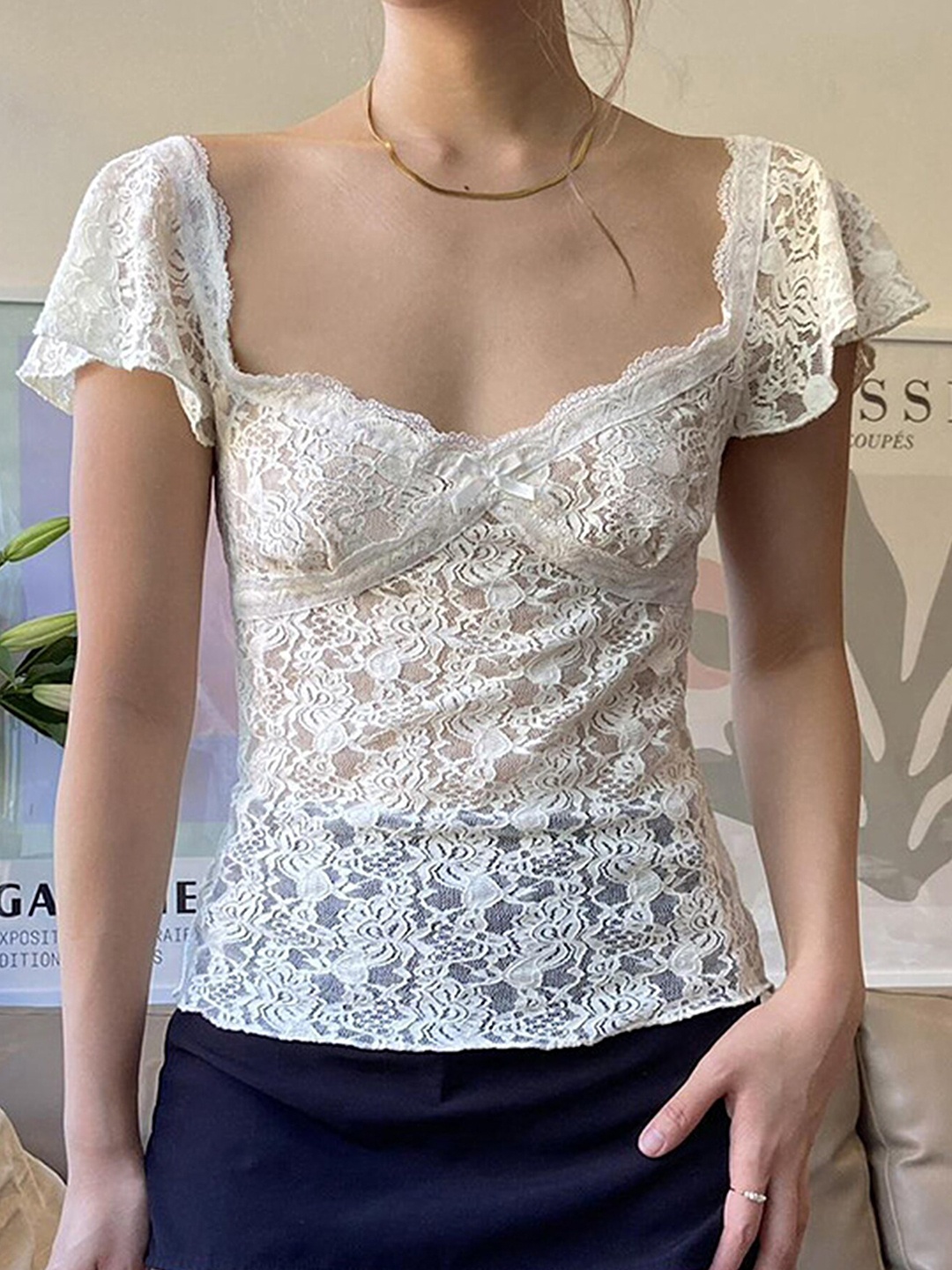 

LULU & SKY Floral Self Design Sweetheart Neck Flutter Sleeve Top, White