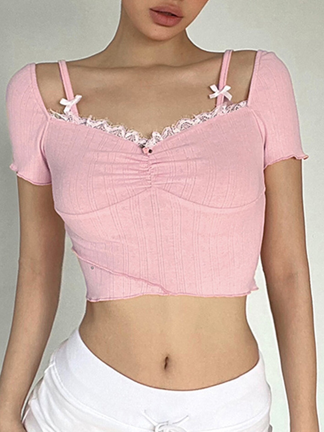 

LULU & SKY Striped Cotton Fitted Crop Top, Pink