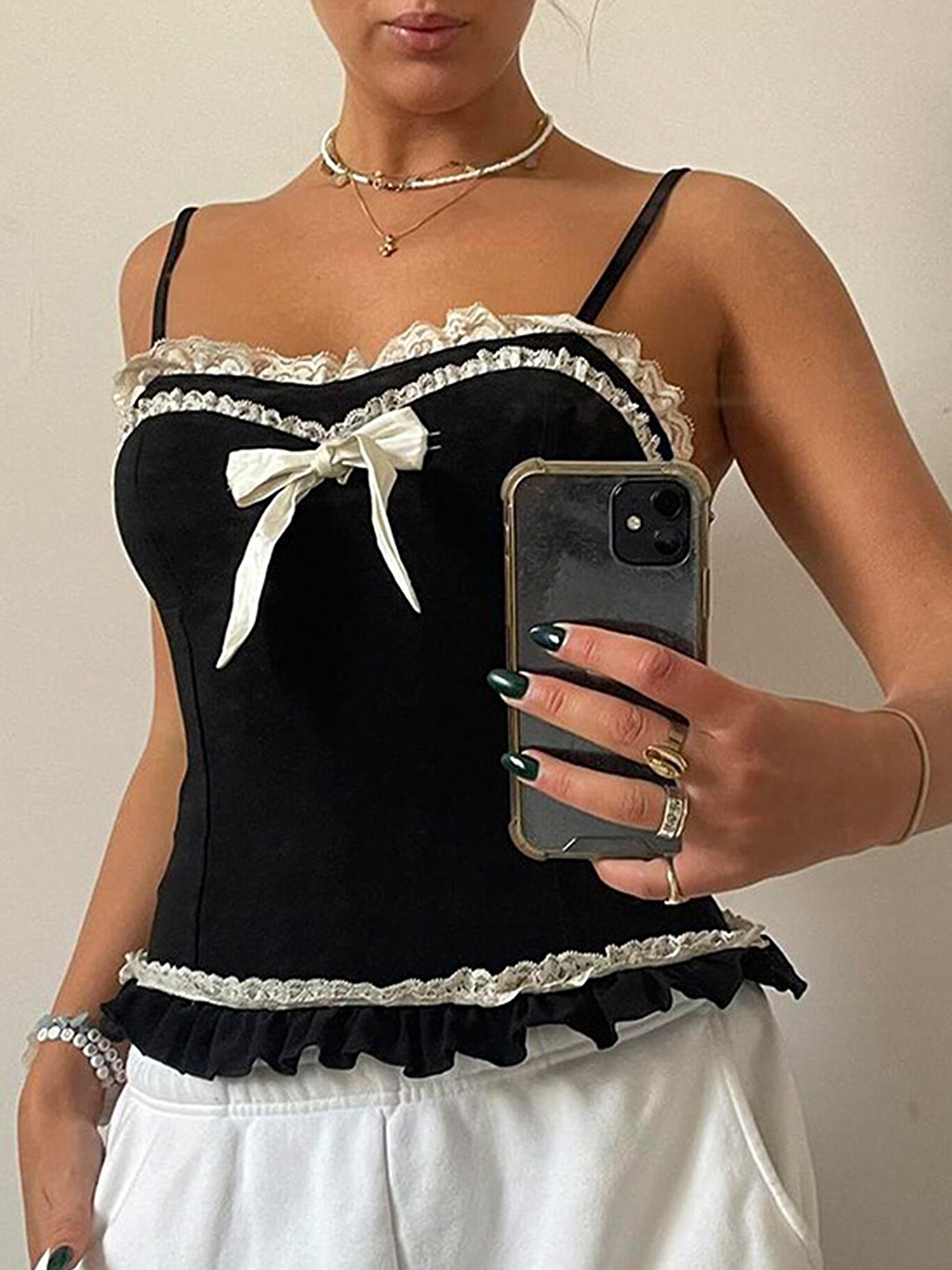 

LULU & SKY Shoulder Straps Lace Inserts Detailed Fitted Top, Black