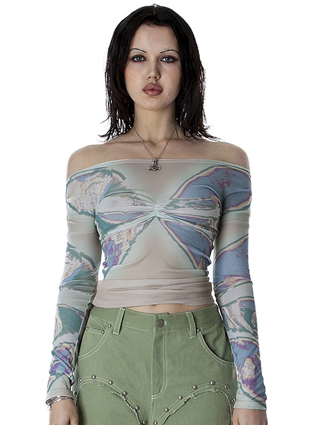 

LULU & SKY Abstract Printed Off-Shoulder Bardot Crop Top, Blue