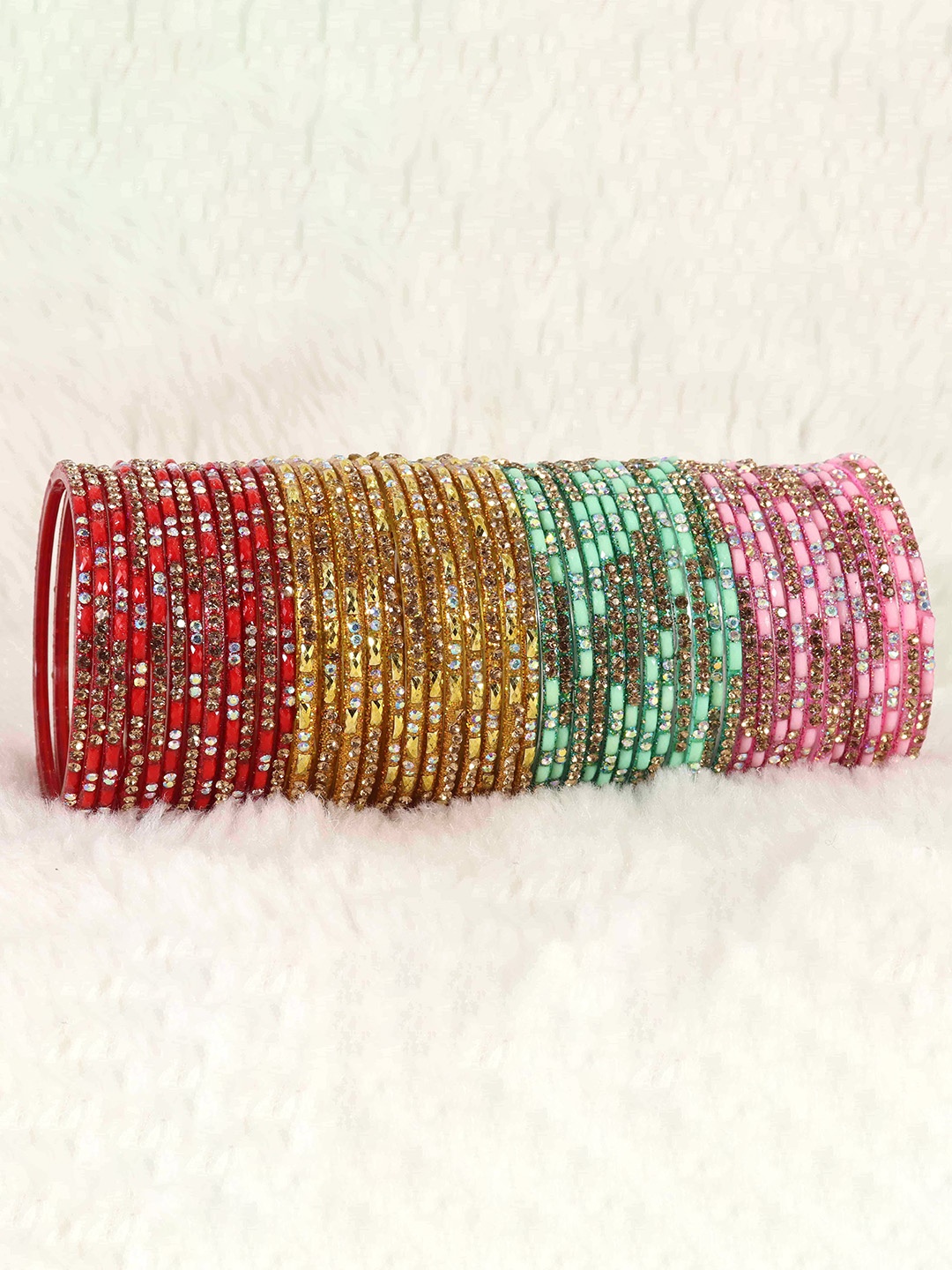 

LAVAZZA Set of 48 Crystals Stone Studded Glass Bangles, Red