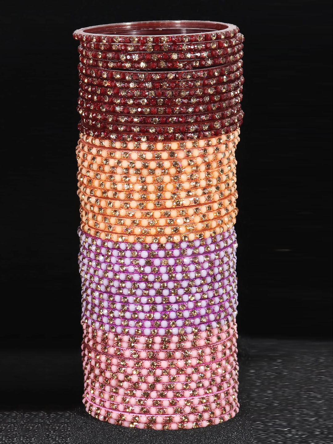 

LAVAZZA Set of 48 Crystals Stone Studded Glass Bangles, Pink