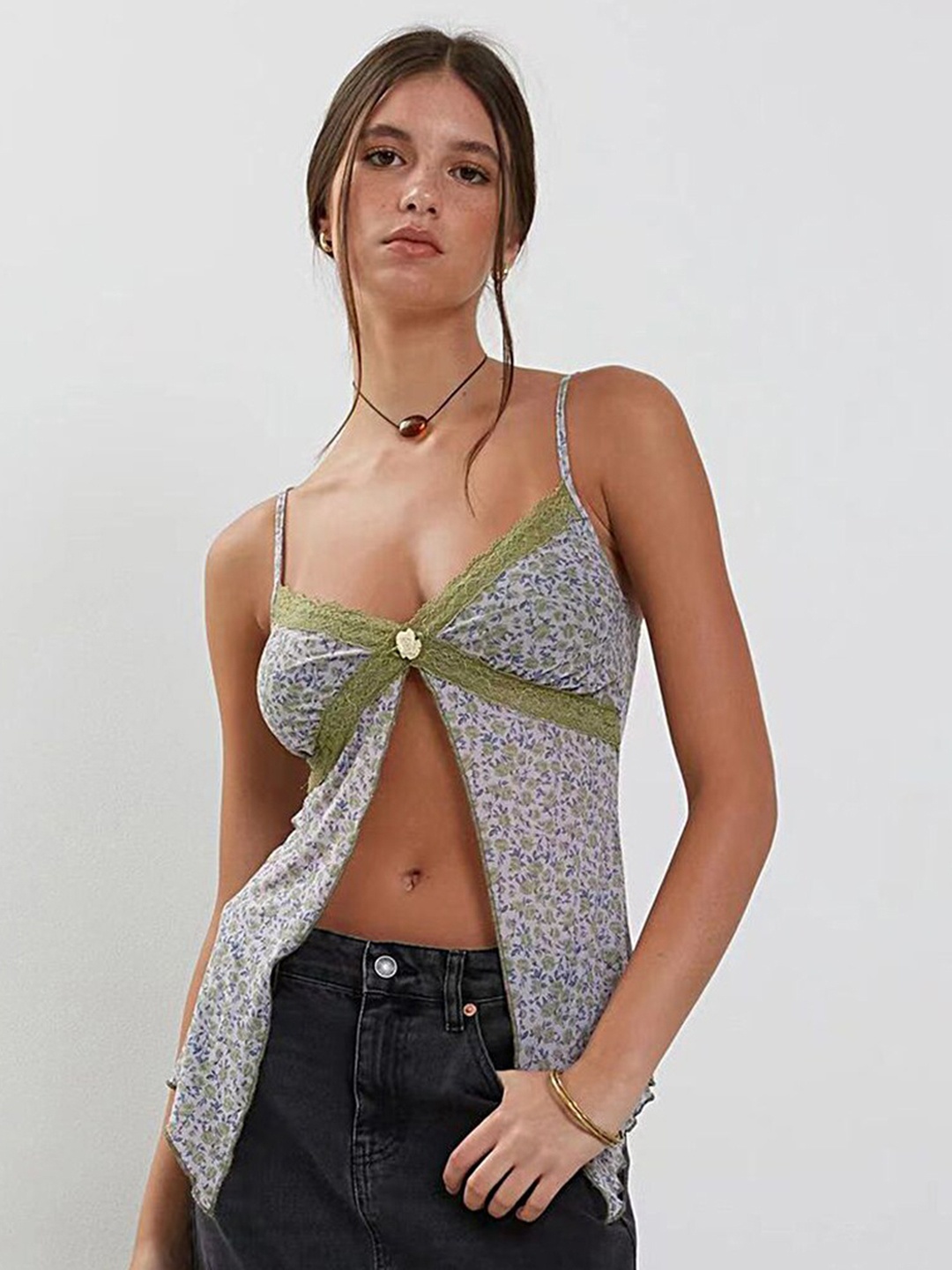 

LULU & SKY Floral Printed Shoulder Straps Lace-Up Front Slit Top, Grey